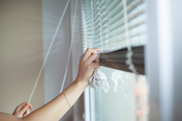 Hand and arm cleaning the blinds in an office