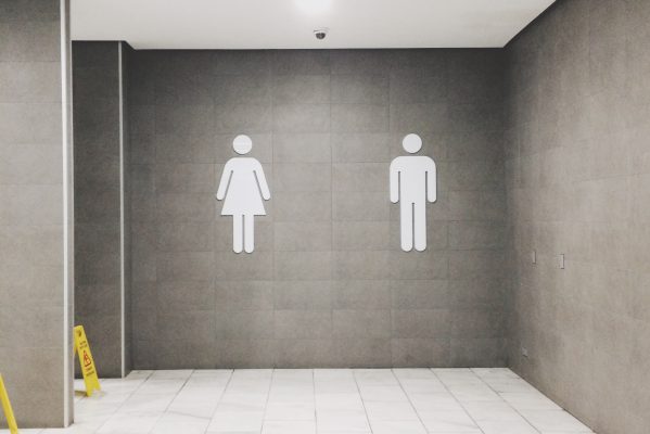 Men and women's bathroom signs with wet floor stand